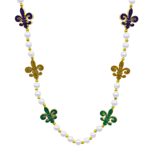 40" Purple, Green and Gold Glitter Fleur de Lis Pearl Necklace
