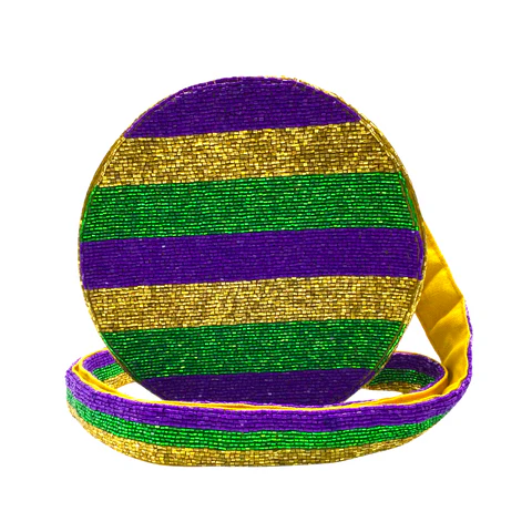 Purple, Green, and Gold Circle Mardi Gras Bead Bag with Strap