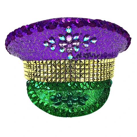 Purple, Gold, and Green Bedazzled Mardi Gras Captain Hat